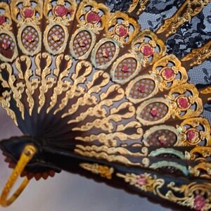 Antique Hand Fan Black Gold Lace Vintage Ornate Decorative